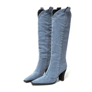 Custom Exquisite New Thick Heel Western Denim Pointed Knight Boots Zipper Fashion Boots