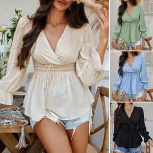 Womens Loose V Neck Long Sleeve Blouses Ruffle Swiss Dot Crochet Spring Fall Tunic Dressy Casual Tops