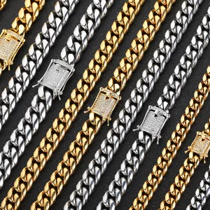 Men's 18K Gold Plated 14mm Thick Stainless Steel Miami Cuban Link Chain with Diamond Clasp Hip Hop Style Necklace Bracelet-Gift