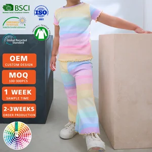 OEM OEM Fashion Striped Rainbow Color Ribbed Cotton Kids Girls Outfits Soft Toddler Summer Sets