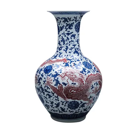 Antique Chinese Blue and White Porcelain Dragon Flower Vase Underglazed Art Deco Design for Home Decor As Floor Vase