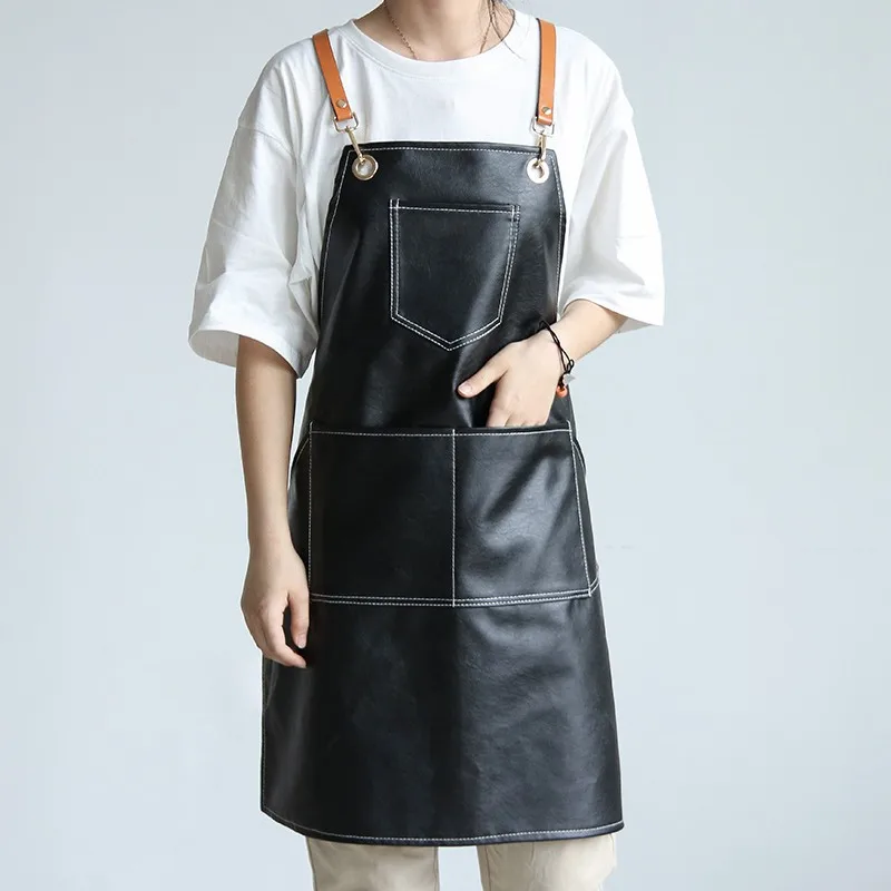 DS5282 Black Leather Apron with Pockets Waterproof Barber Hair Stylist  Apron Kitchen Dog Grooming - Dishwashing Apron