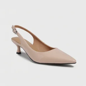 Women's Elegant Nude Patent Leather Kitten Heel Pumps Solid Pattern Pointed Toe Slingback Slip-On Closure Fashion Trend for