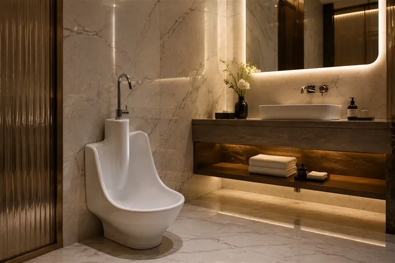 White ceramic wudu basin in a premium hotel bathroom with marble and backlit mirror