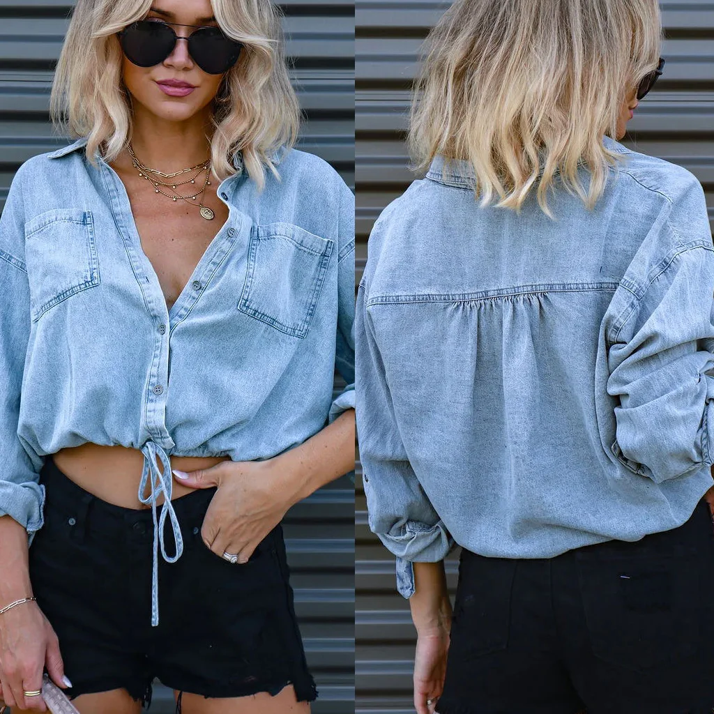 Inverno donna Crop Top lungo mezze maniche Jeans arrotolati colore