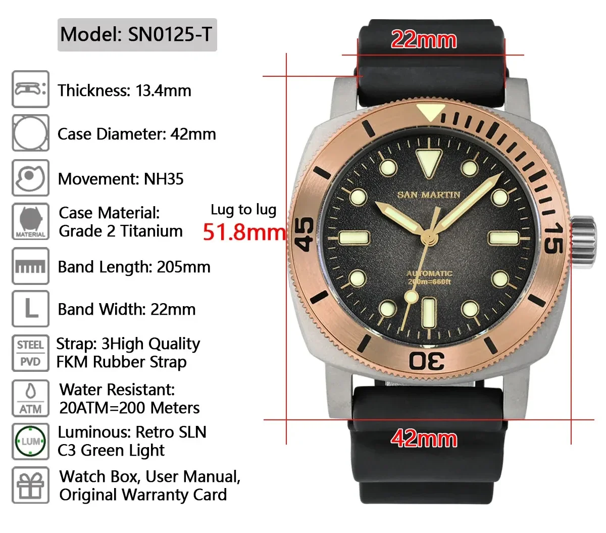 San Martin 42mm Retro Titanium Diver Watch - NH35 Automatic