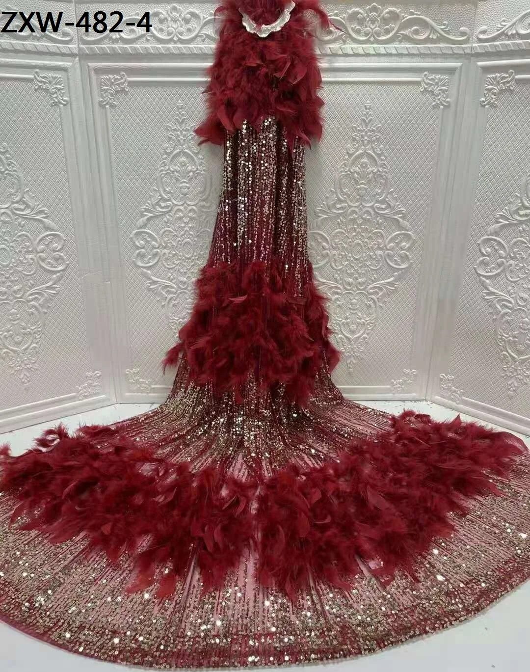 Unique Women Fashion Dress Material Embroidery Mesh 3D Soft Feather Glitter Lace Fabric