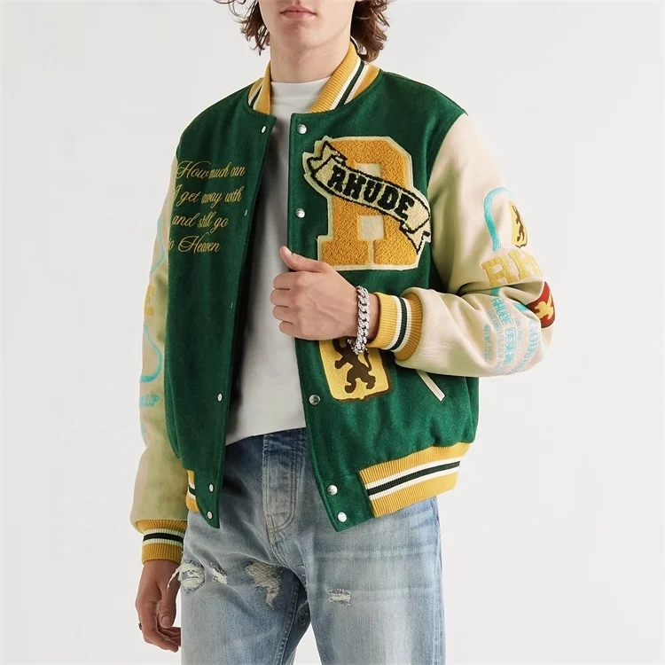 Street Mens Leather Sleeve Bomber Jackets Full Pattern Embroidery