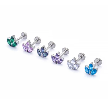 G23 Titanium 16G Lip Labret Pierc Studs Rings Floral Style Earrings CZ on Top Cartilage Tragus Flatback Piercing Jewelry
