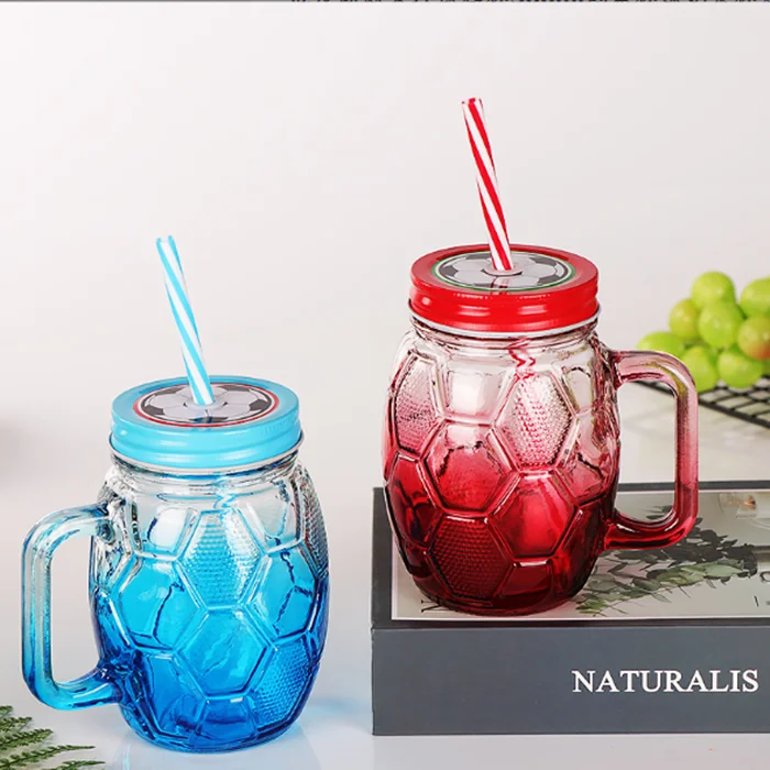 500ml Gradient Color Football Shape Water Mason Glass Jar With Handle