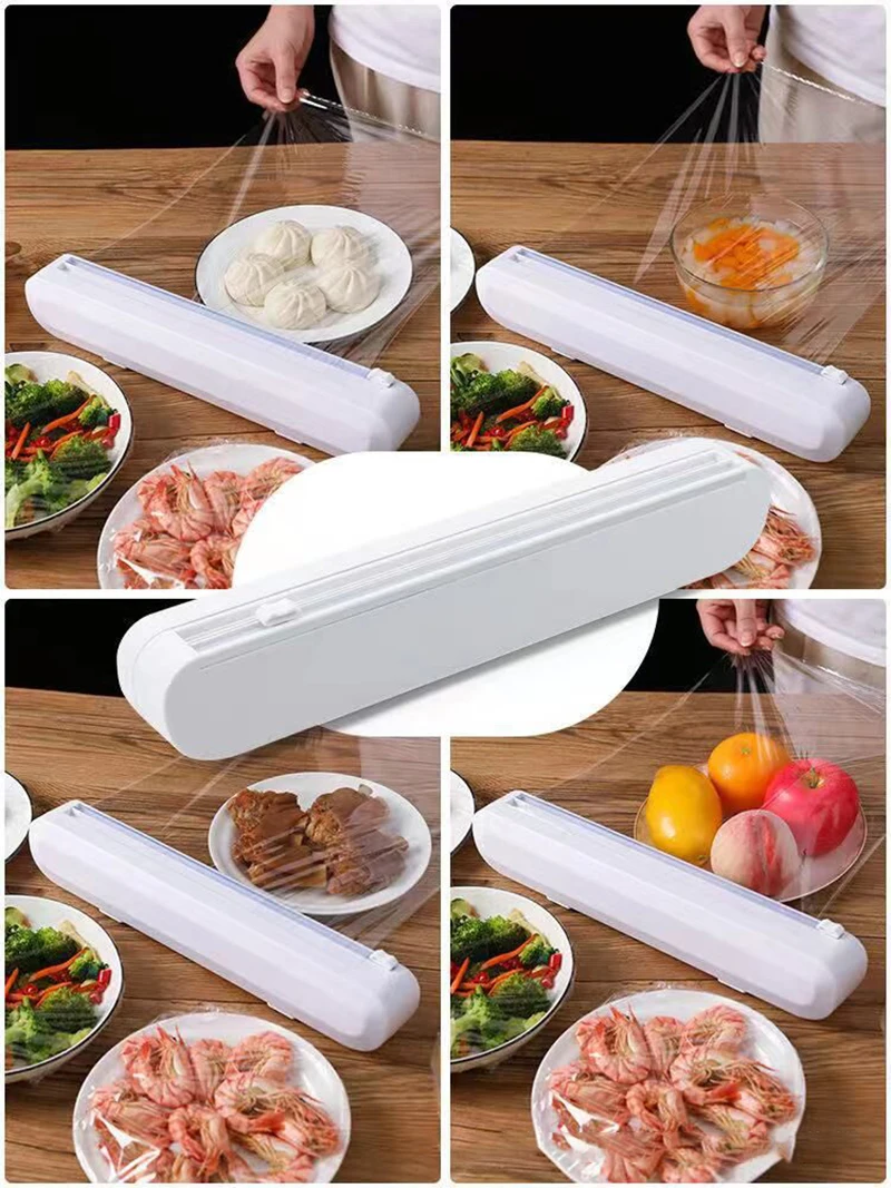 Plastic Food Wrap Dispenser With Slide Cutter Adjustable Cling Film Cutter  Preservation Foil Storage Box