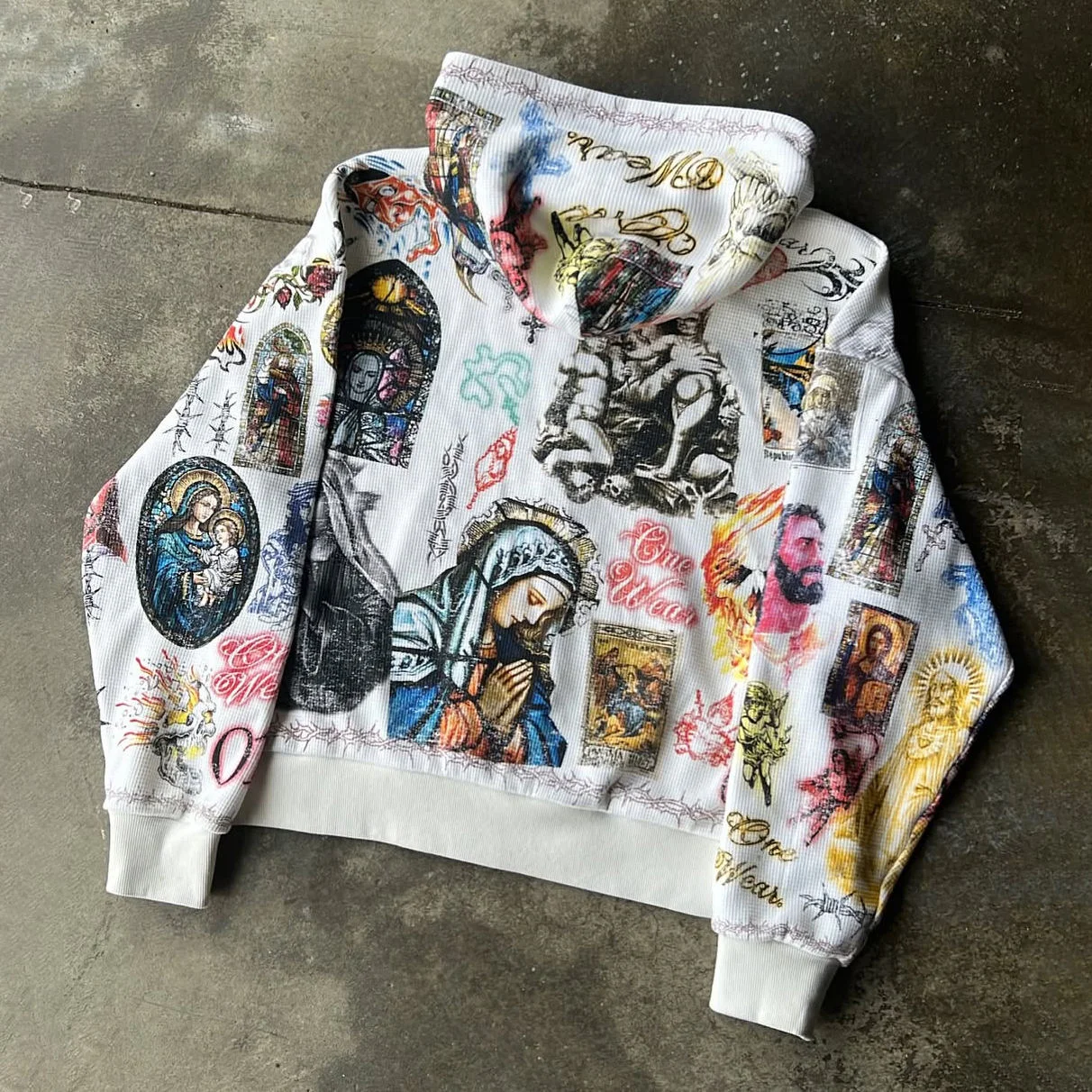 Manufacturer Custom Luxury All Over Printing Graphic Streetwear Acid Wash Oversized Jacket Zip up Waffle Knit Vintage Men Hoodie gallery 4