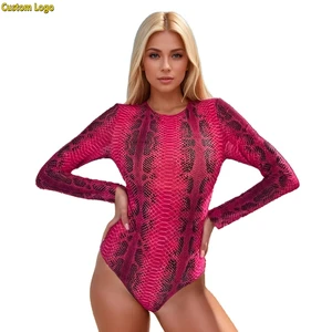 Wholesale Custom Logo Women Sexy Snakeskin One-Piece Swimsuit Long Sleeve Swimwear Tummy Control Full Bathing Suit High Cut 2026