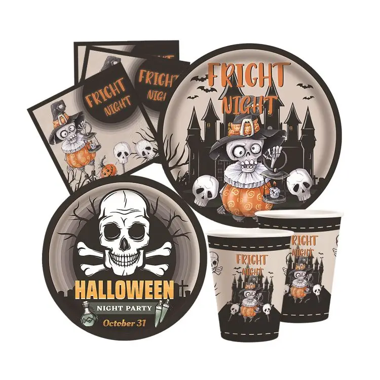 16 Guests 64PCS Halloween Disposable Tableware Plates Cups Napkins Set Scary Disposable Paper Dinnerware for Happy