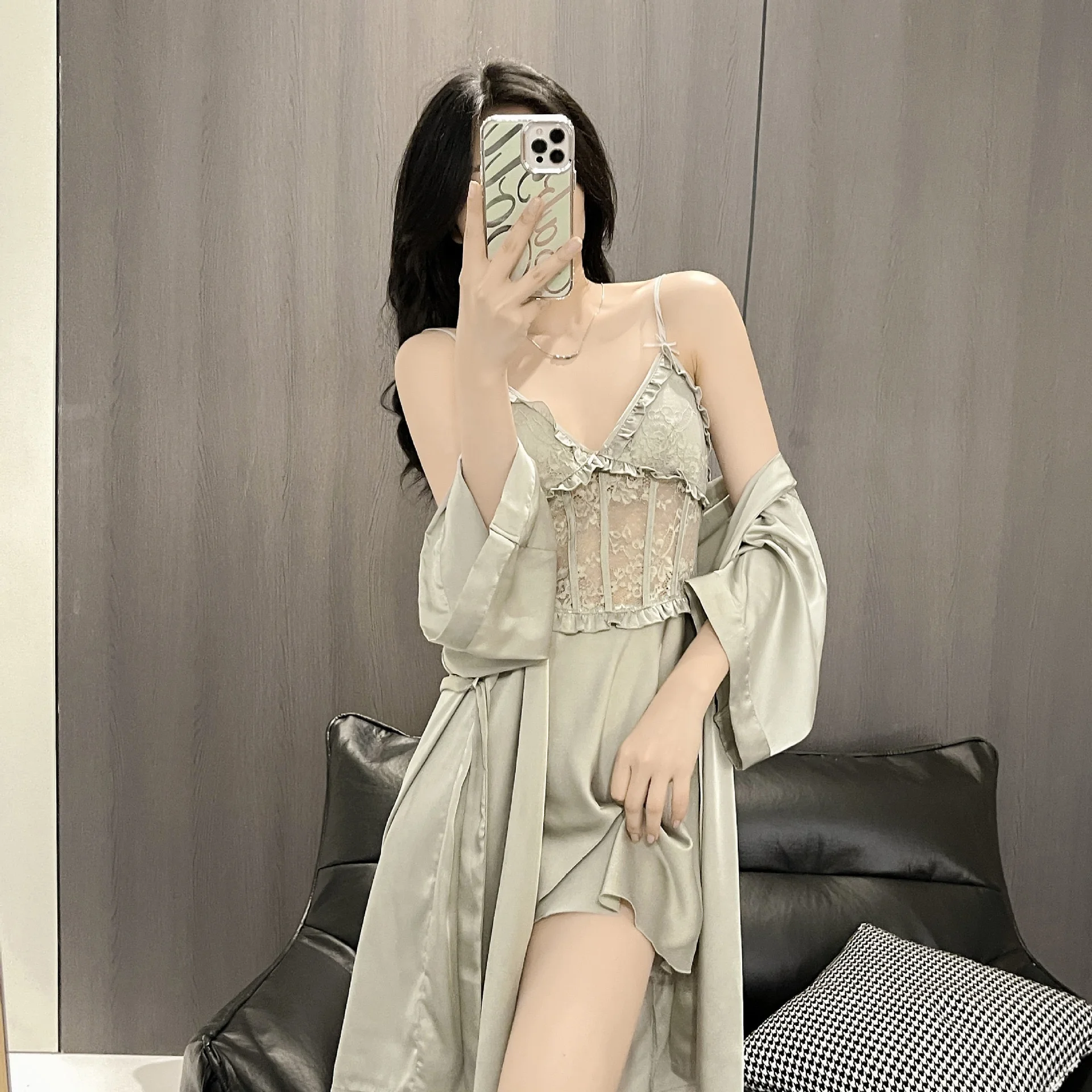 Solid Color Two Pieces Lace Embroidered Sleepwear Robe Set Sexy Marriage Bridal Robe Elegant Silk Satin Pajamas for Women
