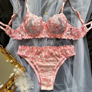 2026 Cross-Border New Arrival: Premium Quality Sexy Lingerie Fall Hot Sale French Floral Embroidered Sheer Bra Set for Women