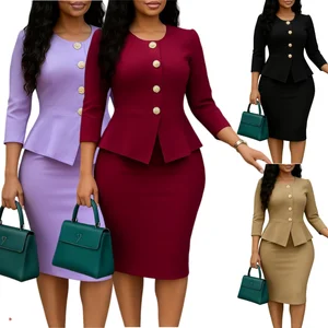 C8640 Fashion Autumn/winter Ladies Office Wear Dresses O-neck Ruffle Career Dresses Elegant African Dresses for Women Clothing