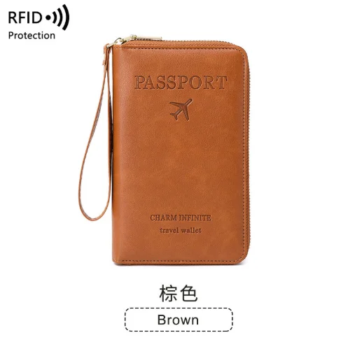 Solid Color RFID PU Leather Passport Credit Card Wallet Customizable Business Card Holder Stylish Travel Zipper Closure 6 Inch
