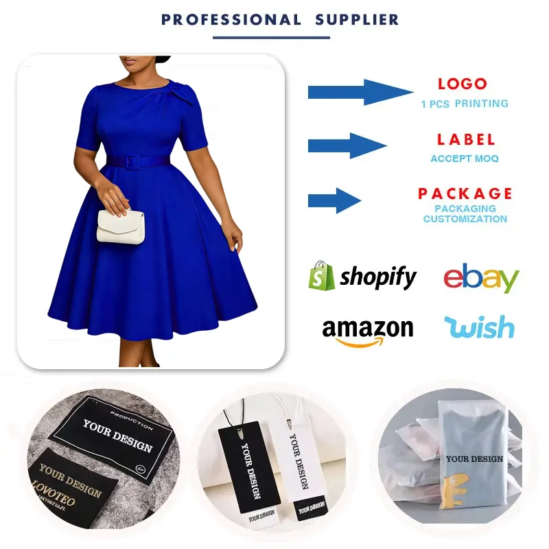 D3361 Latest Design Party Dresses Women Casual Elegant O-Neck Short Sleeve A-line Prom Dress Women African Formal Dresses + Belt