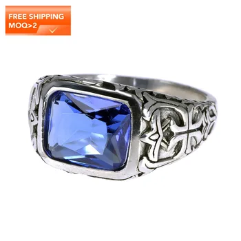 Real Pure 925 Sterling Silver Rings For Men Blue Natural Crystal Stone Mens Ring Vintage Hollow Engraved Flower Fine Jewelry