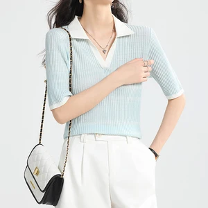 Custom High Quality Spring Autumn Short Sleeve Casual Loose Knit Top Spring Thin POLO V-Neck Cold T-Shirt Women's Knitwear