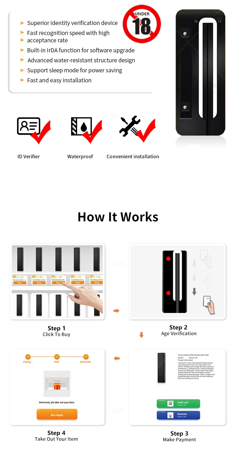 Id Card Reader Wall Mounted Vending Machine Touch Screen Age Check Id