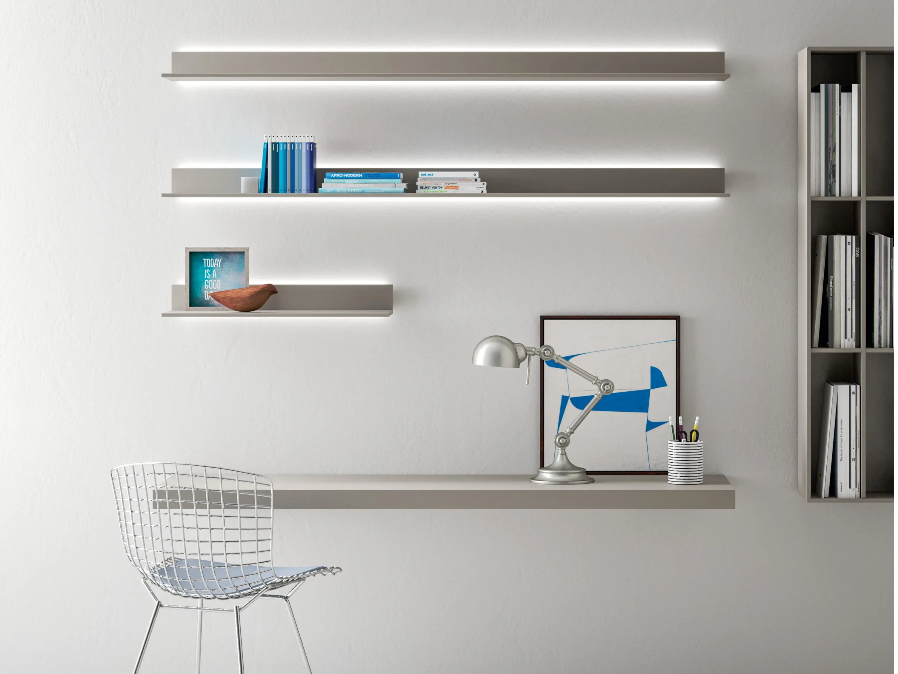 Cube Red Aluminum Wall Mount Shelf Set with Light Strip for Home Decor and Storage in Bedroom or Living Room