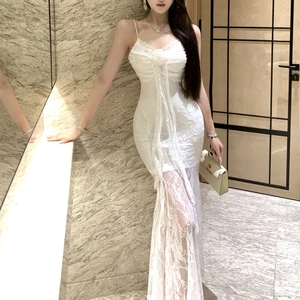 Women's Elegant Summer Mermaid Evening Dresses New Fashionable Strapless Tight Fit Solid Color Lace Clothing Modern Style