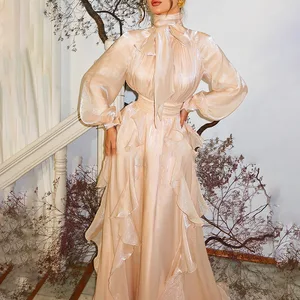 ZYHT 70108 New Autumn Winter French Fashion Organza Fairy Folds Ruffle Lantern Long Sleeve Flowy Elegant Maxi Dress for Women