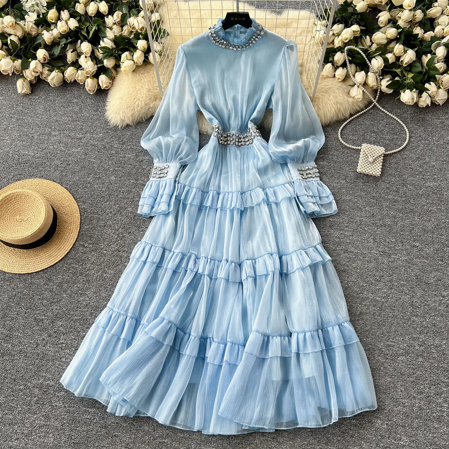 High Quality Women's Elegant Wave Gown With Diamonds Pearl Details Multi-Color Summer Dress High Quality Women's Elegant Wave Gown With Diamonds Pearl Details Multi-Color Summer Dress