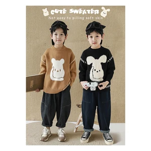 Cute Plush Jacquard Boys' Round Neck Pullover Knitted Sweater Autumn New Children's Loose Western Style Sweater