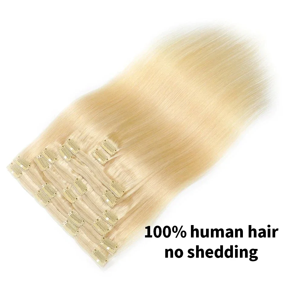 #613 Extension per capelli umani con clip lisce bionde 100% Remy 8 pezzi 120G testa intera per donne_voghion.com