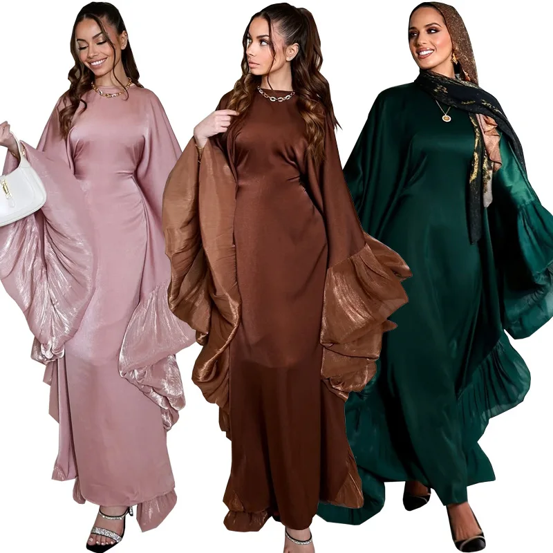 long autumn dress islam Luxury Elegant Autumn/Spring Eid Abaya Satin Muslim Women's Dresses New  Long Sleeve Modest Islamic Clothing Dubai Kaftan Floor