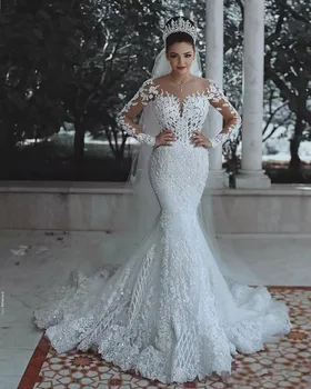 Turkey Luxury Wedding Dresses Long Sleeve Mermaid 2021 Illusion Lace Applique Beaded Sweetheart Sexy Princess Bride Gowns Mexico