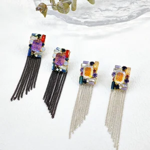 Ilona Handmade Gold Plated Copper Dangle Earrings Trendy Colored Geometric Crystal Drop Jewelry with Long Tassel