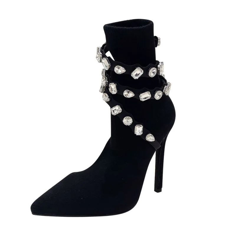 Winter Women Shoes Point Toe Black Platform Stiletto Heels Clear Rhinestone Ankle Short Boots - Image 1
