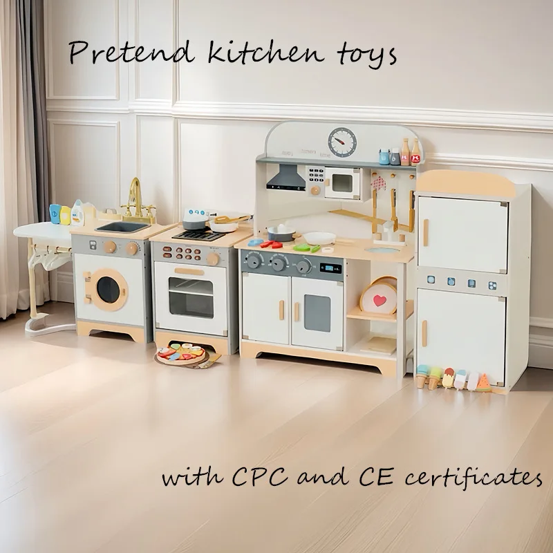 Trämini kökssats för småbarn Lekhus Kylskåp Tvättmaskin Spis för simulerad rolllek Förskolelek