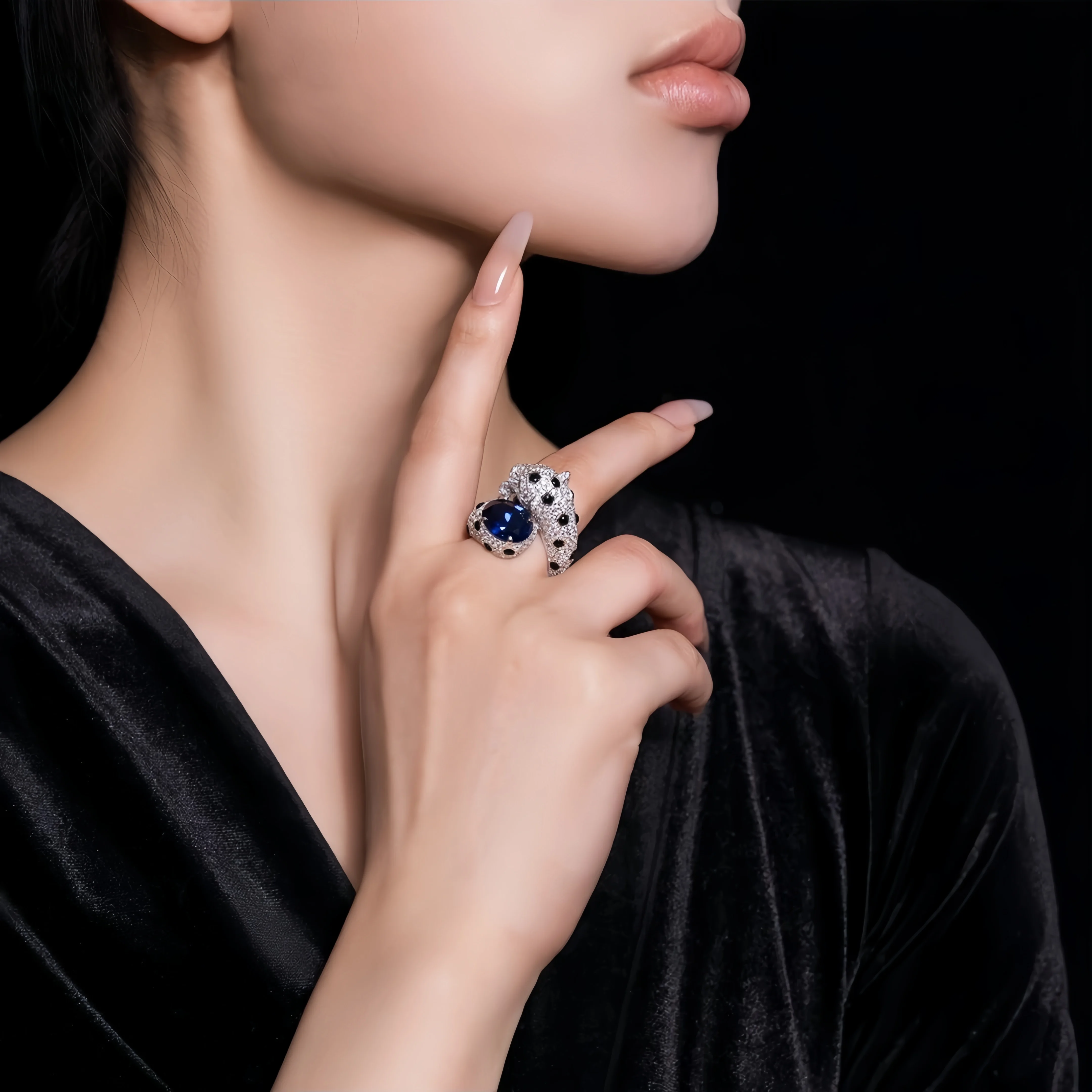 MUSHAN Jewelry Factory Women Luxury Designer Sapphire Leopard Ring 925 Sterling Silver Jewelry Blue High Carbon Diamond Rings