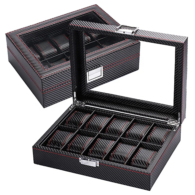 10 watch box carbon fiber with wood shell glass top display flexible watch pillows for man women watches storage.jpg