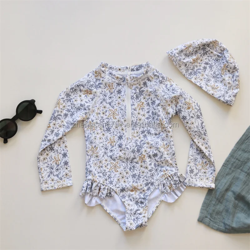 Fashion Cute One Piece Lovely Baby Girls Swimwear Zipper Swimsuit Custom Print Kids Long Sleeve