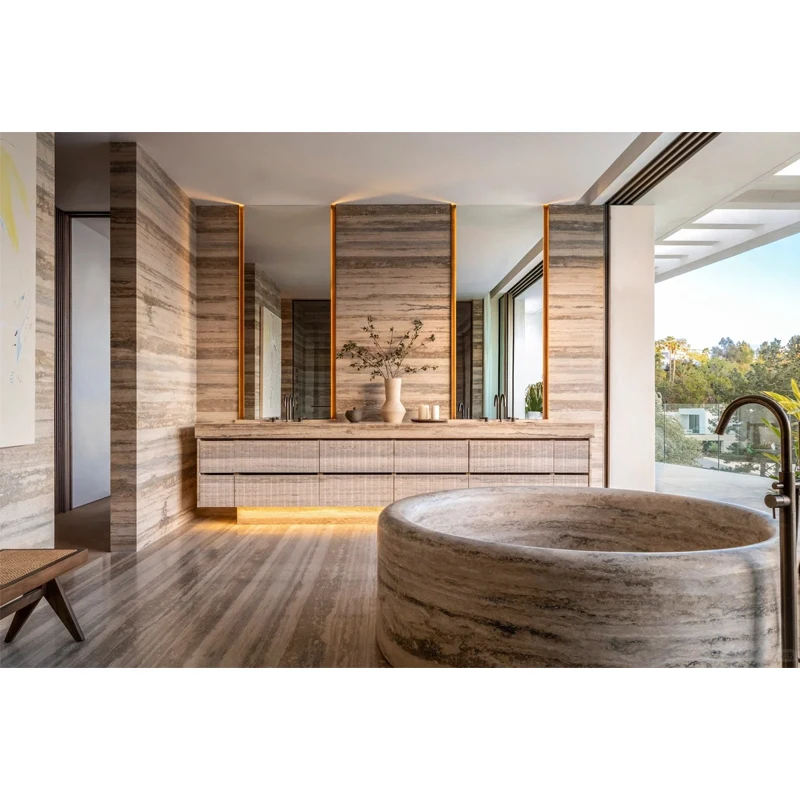 Customized Beige Travertine Slab Tiles Travertine Marble Slab Countertop for Kitchen Villa Indoor and Outdoor Wall Decoration