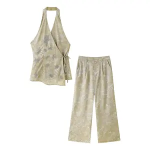 2025 Female Outfits Halter Bead Embroidery Long Pants Set Women Lace up Backless Sleeveless Tank Top Wide Leg Trousers Suits