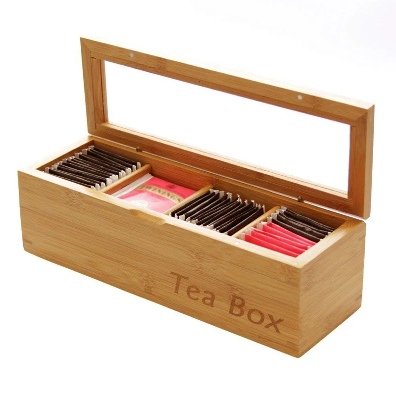Wholesale Bamboo Tea Bag Storage Boxes Transparent Clear Lid Spice Container Custom Wood Tea Box