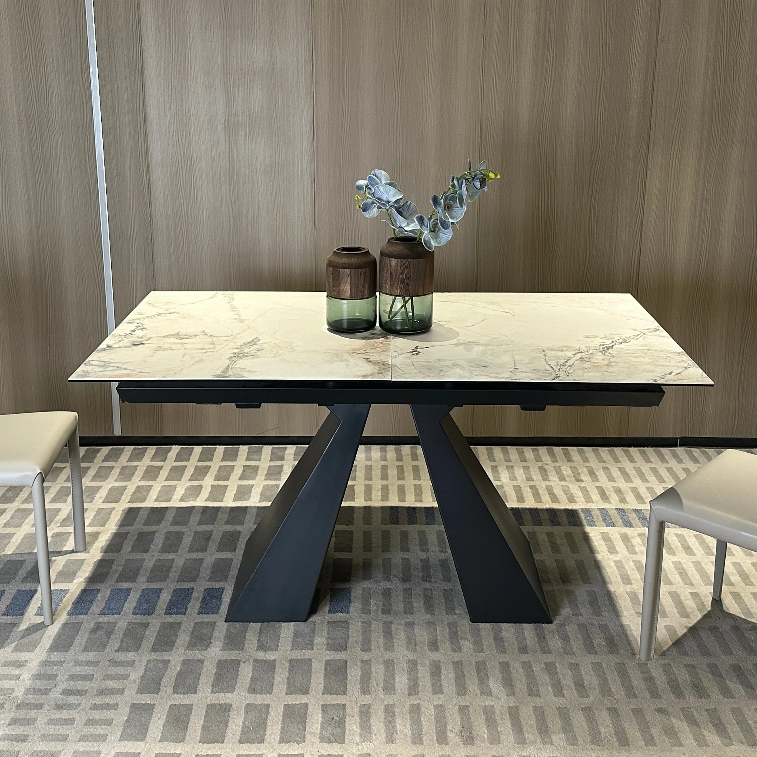 Modern Multifunctional Extendable Dining Table With Slate Stone Sintered Marble Top Cone Pedestal Metal Base for Hotel Bar Use