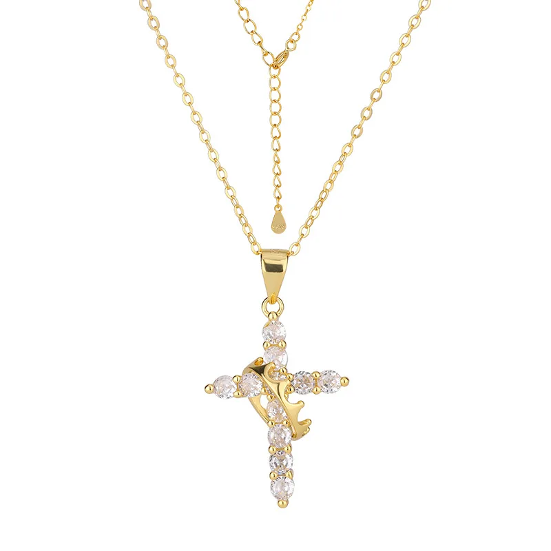 Rotating Dainty S925 Sterling Silver Cross Crown Pendant Charm Clavicle Chain Zircon Fine Jewelry Necklace for Women