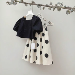 Summer Casual Print Breathable 2-Piece Girls' Outfits Set with Short Sleeve Top and Pleated Skirt