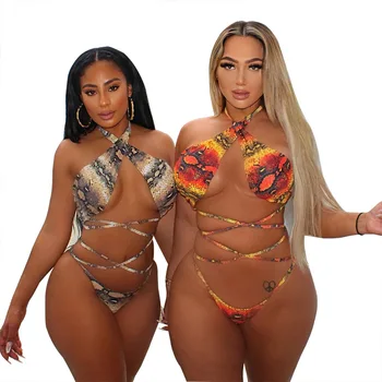 New Snake Print Bikini Amazon Hot Sale Bandage Plus Size Ladies Sexy Swimsuit S to 4XL