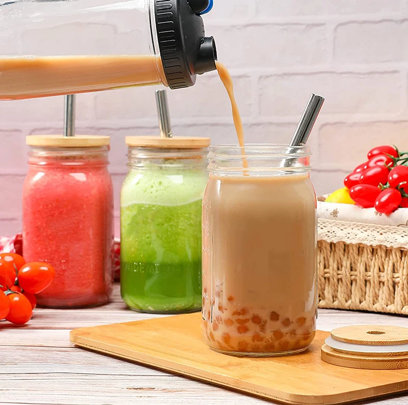 Reusable 24 Oz Bubble Tea Cup Wide Mason Mug With Bamboo Lid And