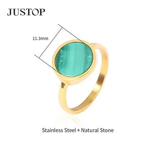 Handmade 18K Gold Plated Stainless Steel Ring with Natural Malachite Gemstone Beautiful Engagement Party Jewelry Gift Idea