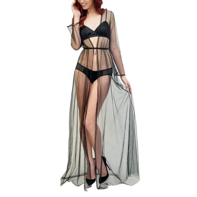 Robe De Nuit Longue En Dentelle Et Maille - Femme, Transparente, Nuisette élégante - Plusieurs Coloris - 8